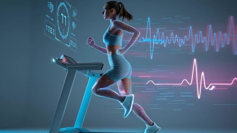 Futuristic woman running on treadmill with digital data tracking for metabolic health and bio hacking optimization