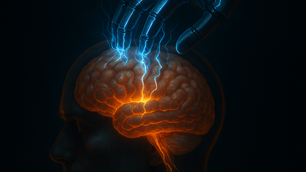 A realistic digital illustration of a human brain experiencing intense neural burnout  showing glowing blue electrical currents and fiery orange energy nodes to represent cognitive overload and mental fatigue