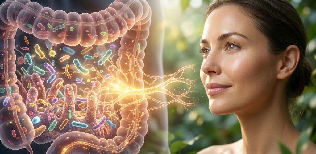 A visual representation of the gut skin axis showing a healthy gut microbiome connected by capillaries to a woman with radiant flawless skin