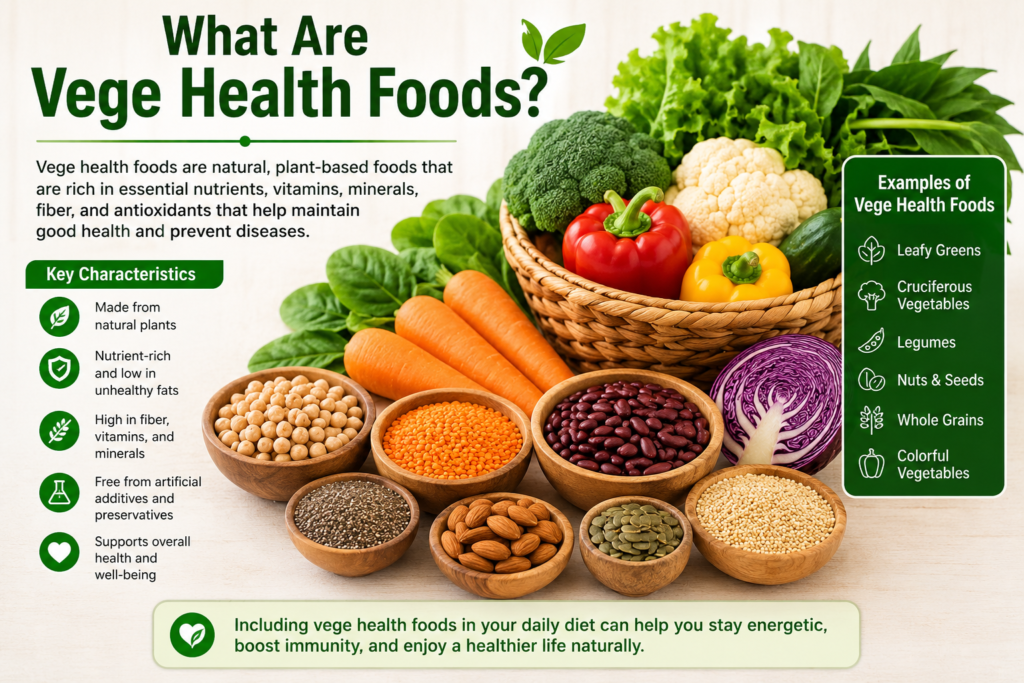 Vege Health Foods infographic showing leafy greens, broccoli, lentils, nuts, seeds, and colorful vegetables with their health benefits and nutrients.
