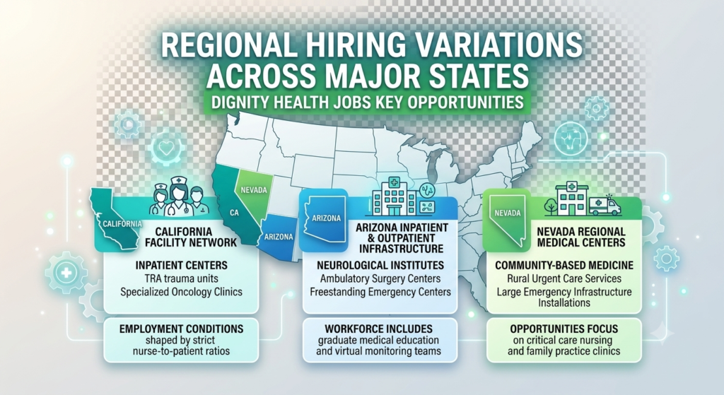 Infographic map showing regional hiring variations across major states like California, Arizona, and Nevada for Dignity health jobs.