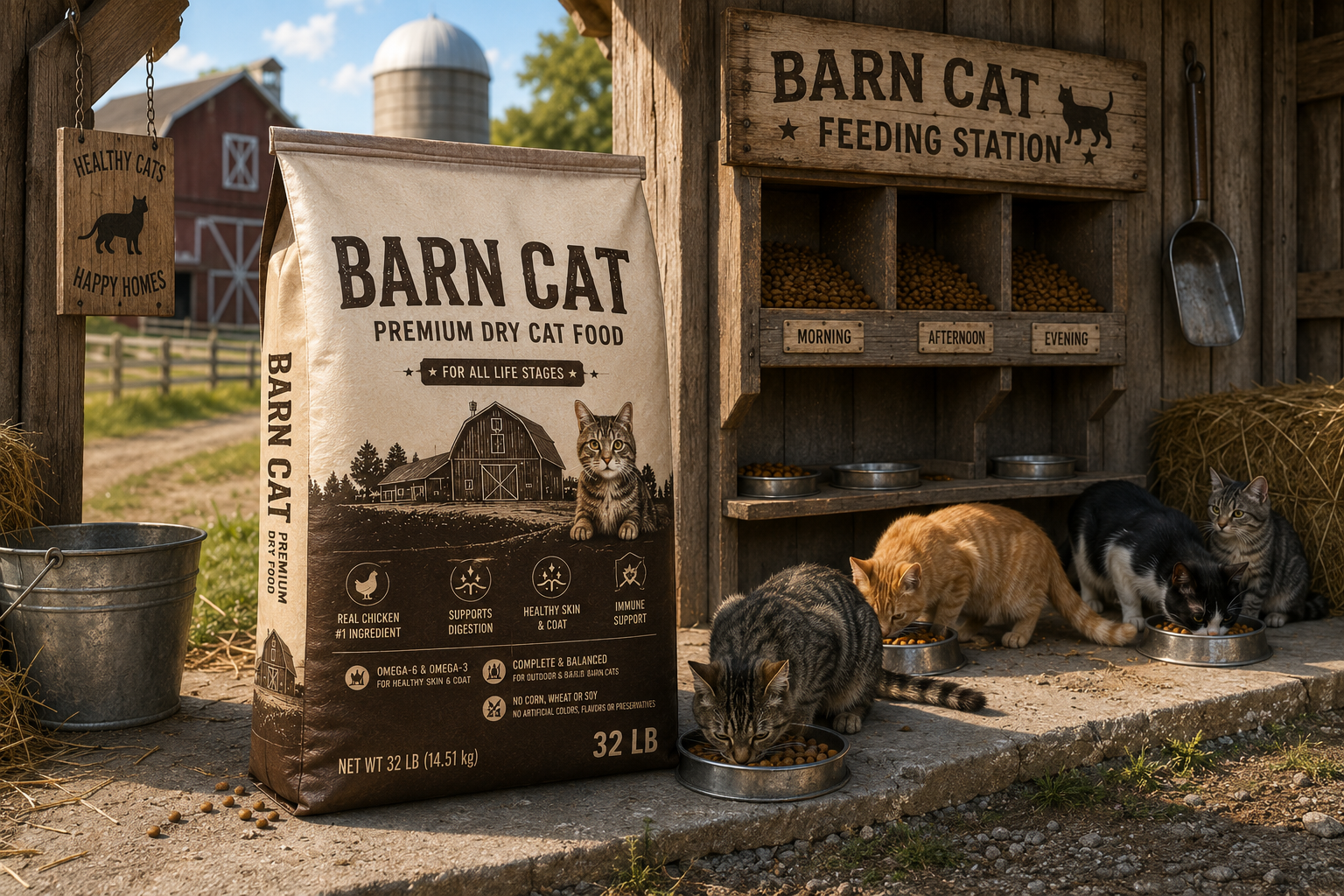 32lb bag of Barn Cat premium dry cat food standing next to a wooden feeding station with three cats eating