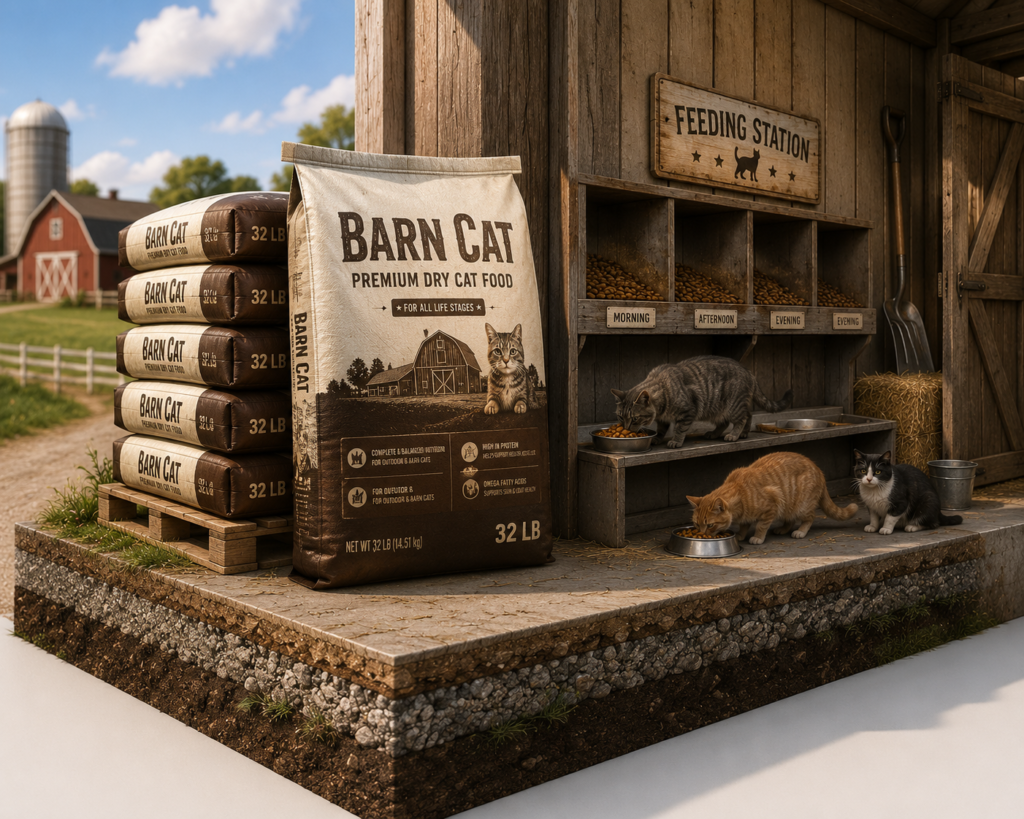 32lb bag of Barn Cat premium dry cat food standing next to a wooden feeding station with three cats eating