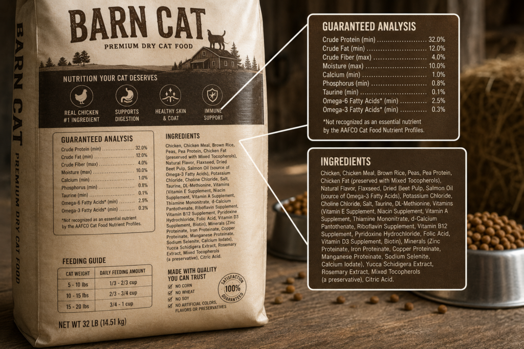 Back of Barn Cat 32lb dry cat food bag showing guaranteed analysis feeding guide and ingredient list
