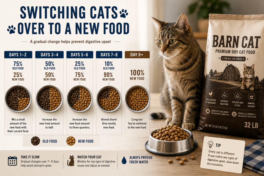 Feeding chart showing a gradual 9 day food switch to Barn Cat dry cat food 32lb bag with bowls of old and new food