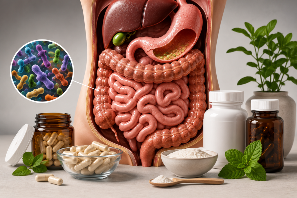 3D cutaway illustration of the human digestive system with digestive enzyme supplements, capsules, probiotics, and gut microbiome supporting healthy digestion.