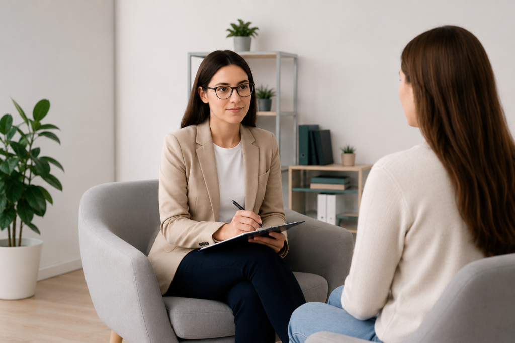 Behavioral health counselor meeting with a client during a professional mental health counseling session.