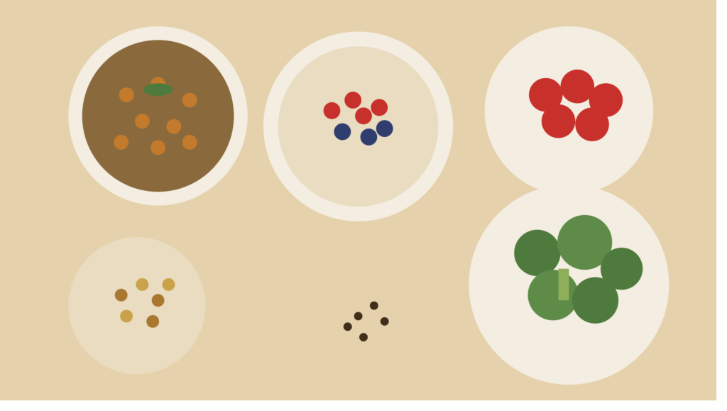 Flat illustration of high fiber foods including lentils oatmeal with berries raspberries broccoli and oats in bowls on a table