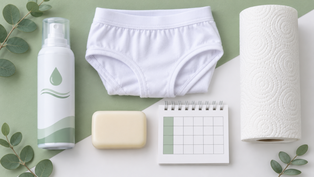 Fourchette piercing aftercare kit with sterile saline spray, cotton underwear, paper towels and unscented soap