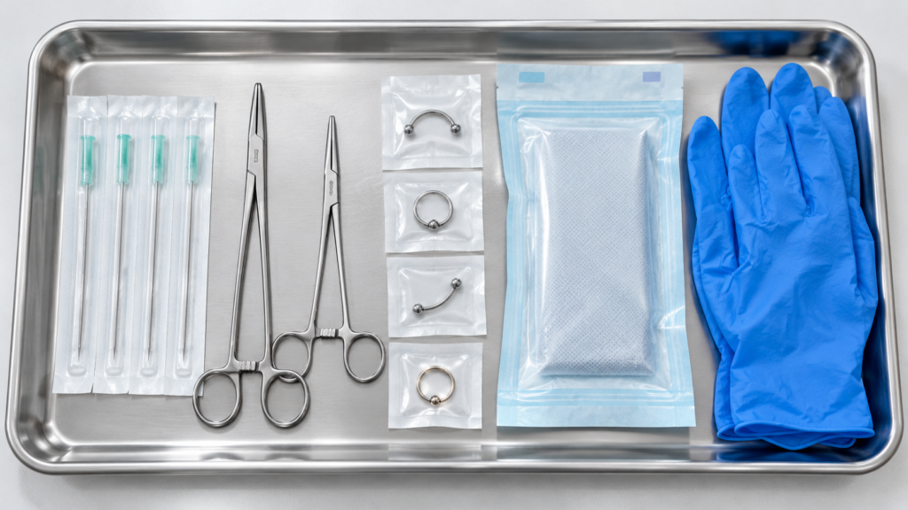 Sterile piercing tools and sealed titanium jewelry on a clean studio tray before a fourchette piercing