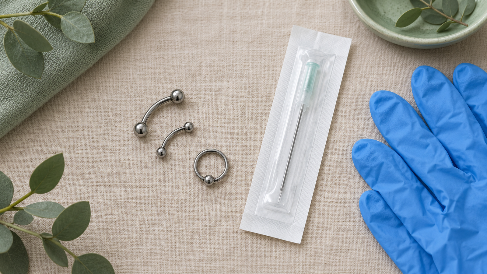 Fourchette piercing jewelry including titanium curved barbells and a captive bead ring with sterile tools