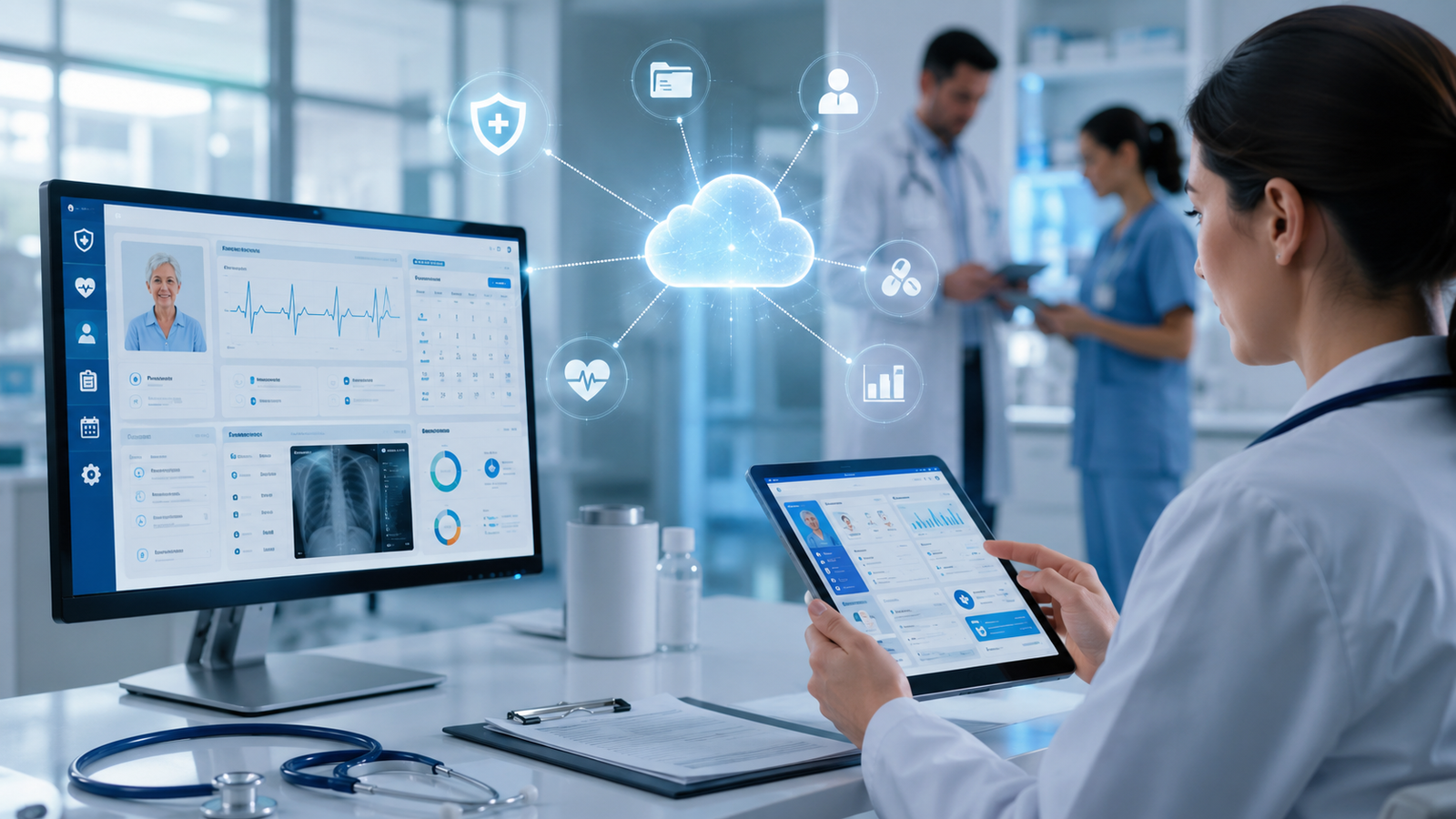 Healthcare professional using a digital patient management system with cloud-based medical technology in a modern hospital.