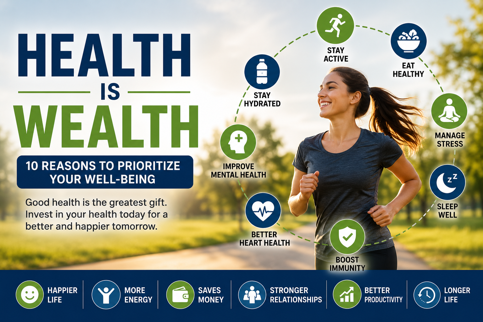 Health Is Wealth infographic showing a healthy woman jogging outdoors with icons representing exercise, healthy eating, hydration, quality sleep, mental health, stress management, and overall well-being.