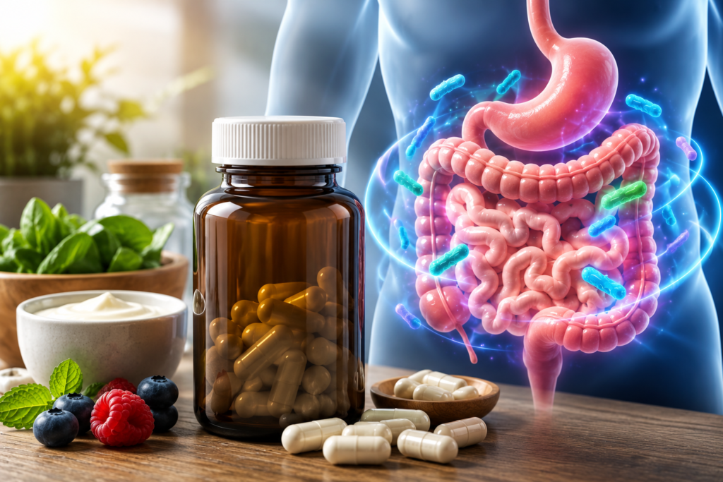 Probiotic supplement capsules with healthy foods and a 3D digestive system illustration representing gut health and microbiome support.