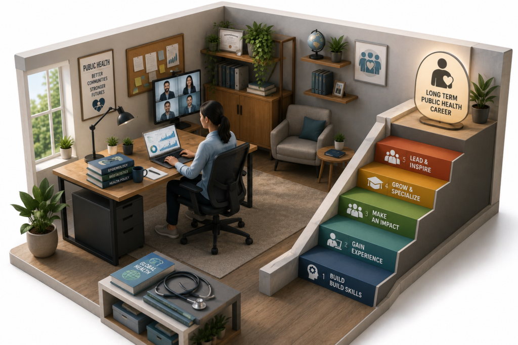 Home office worker beside a staircase graphic showing five steps to a long term public health career from building skills to leading and inspiring