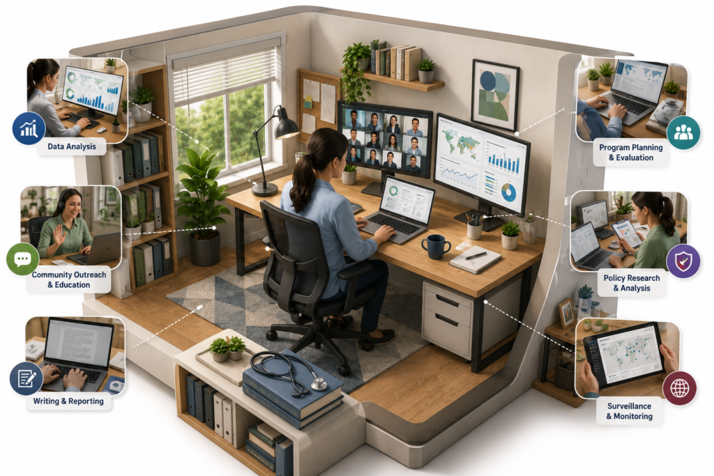 Home office worker on a video call surrounded by six icons showing data analysis outreach policy research and reporting tasks in remote public health jobs