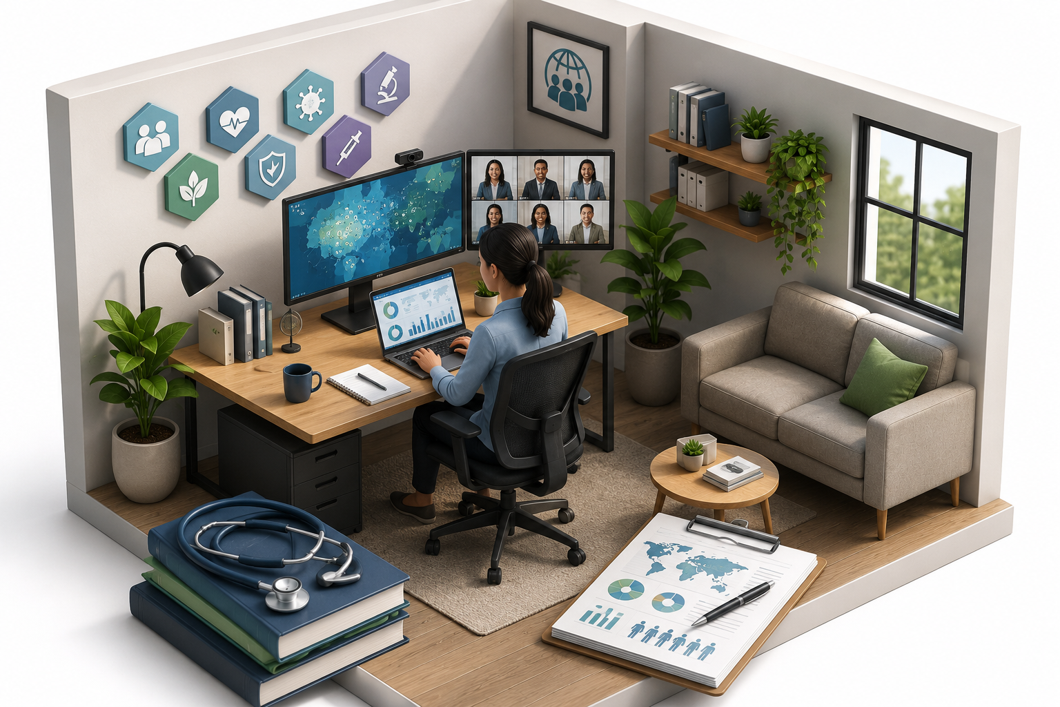 Woman working at a home office desk with disease data dashboards and a video call showing a public health team