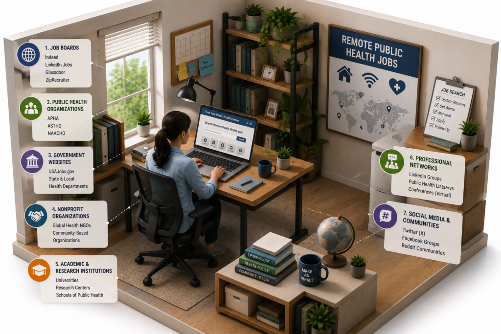 Home office worker searching for public health jobs remote on a laptop surrounded by seven callouts listing job boards public health organizations government sites nonprofits universities professional networks and social media