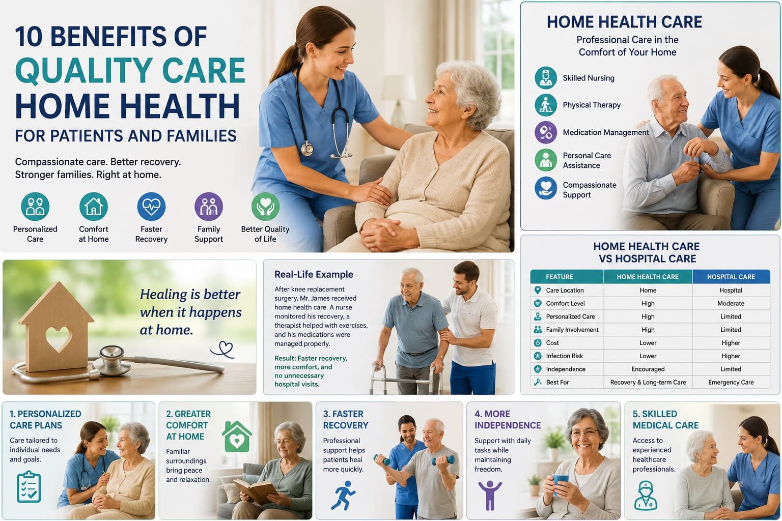 Infographic showing the 10 benefits of quality care home health, including personalized care, skilled nursing, faster recovery, rehabilitation services, family support, and improved quality of life for patients at home.