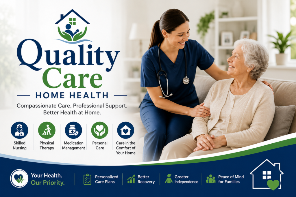 Quality care home health banner showing a professional nurse providing compassionate in-home healthcare to an elderly patient, highlighting skilled nursing, medication management, physical therapy, and personalized home care services.