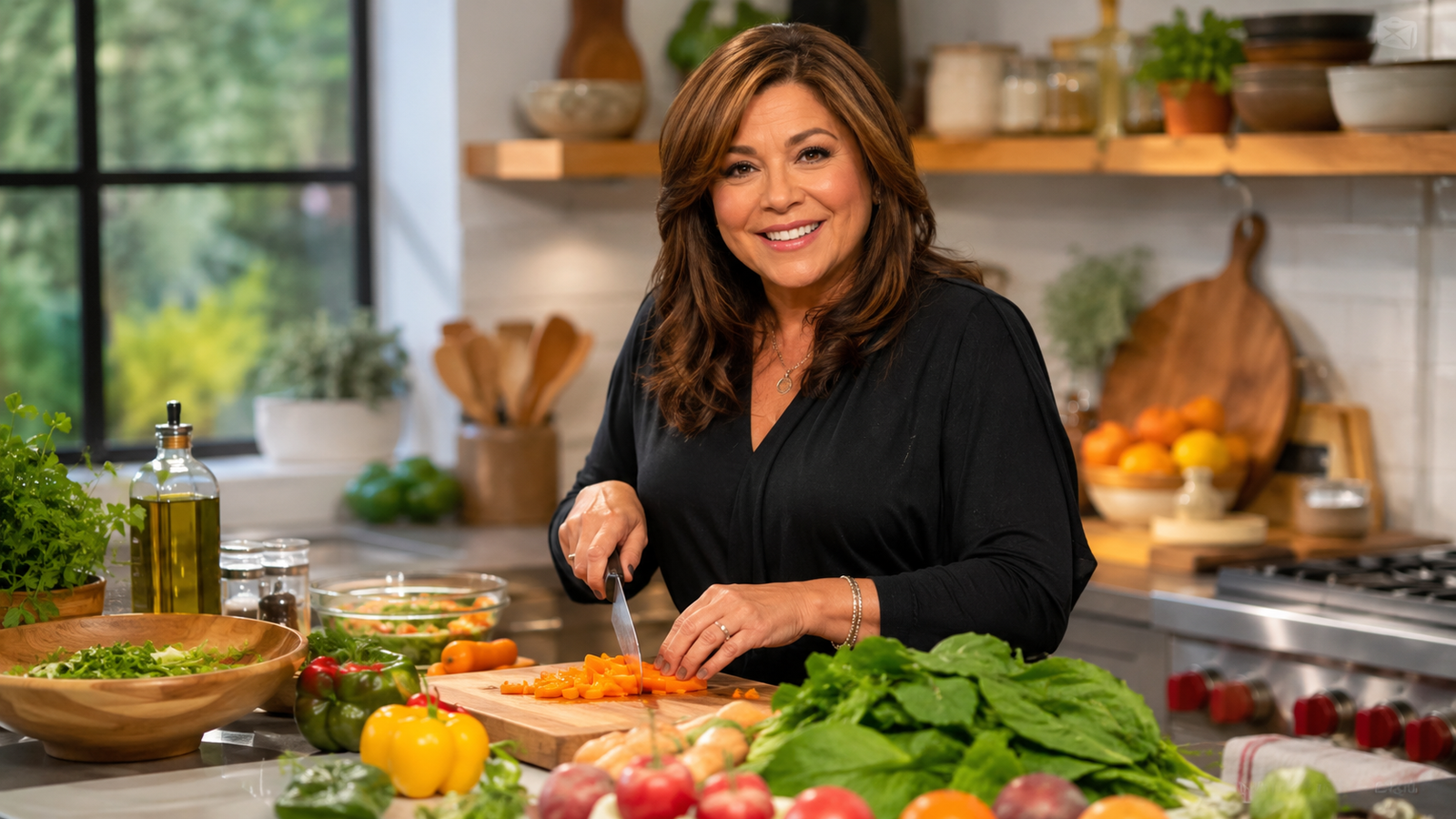 Editorial style portrait inspired by a celebrity chef preparing a healthy homemade meal in a bright modern kitchen.