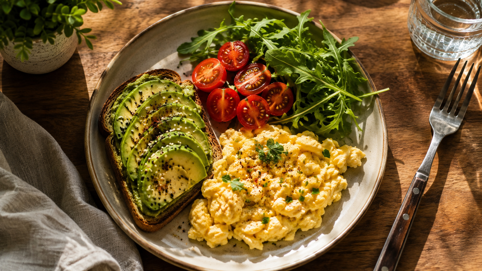 Healthy egg breakfast plate with scrambled eggs avocado toast and cherry tomatoes