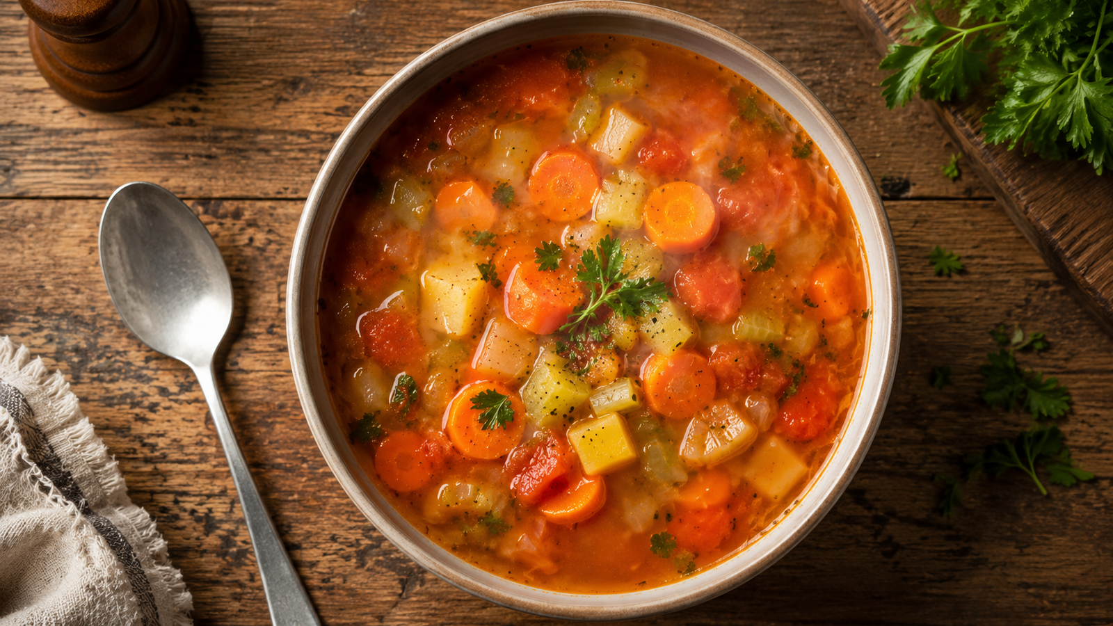 Vegetable soup with carrots celery potatoes and tomatoes in a bowl