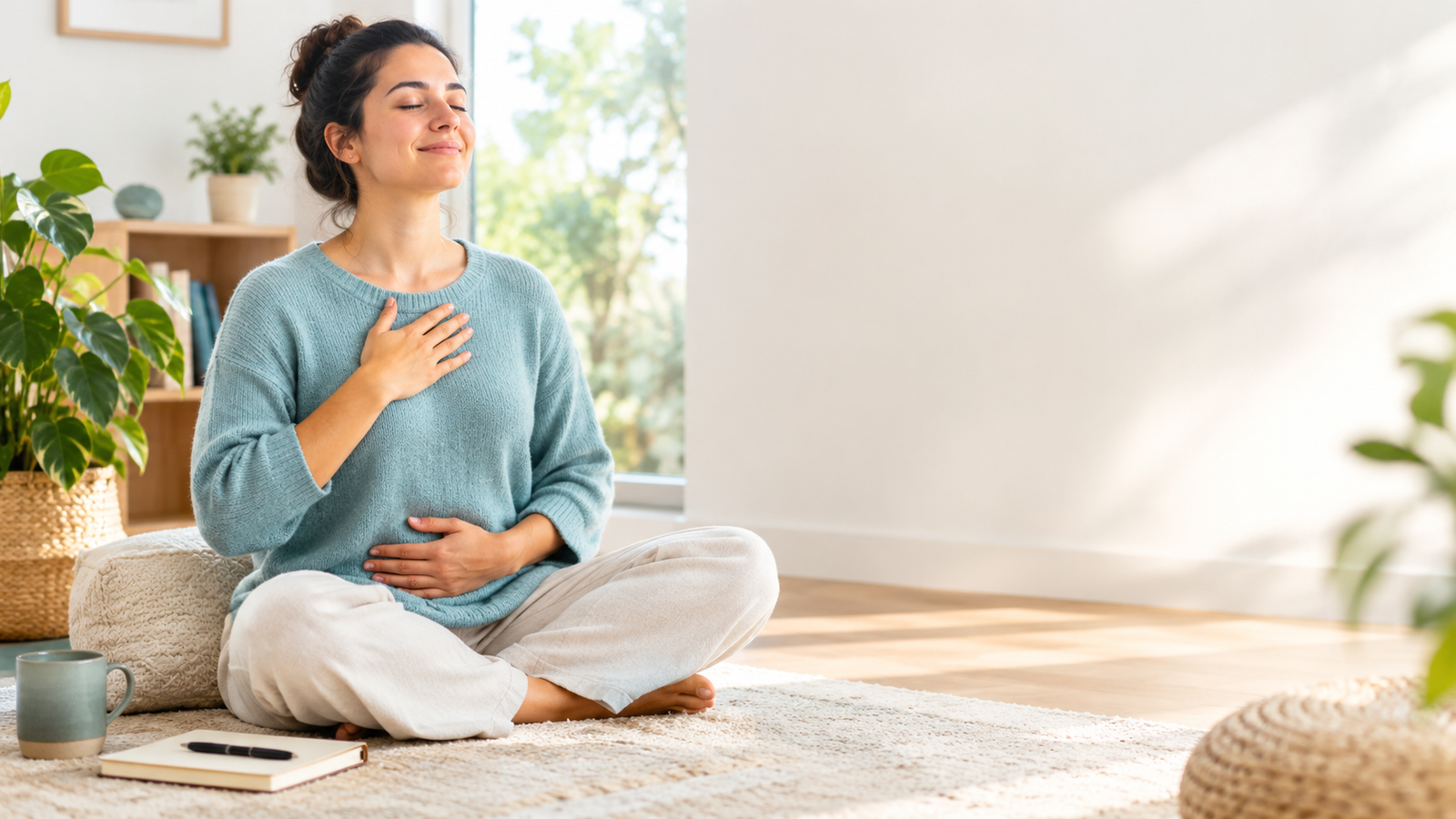 woman sitting cross legged on a rug practicing deep breathing with one hand on her chest and one on her stomach as a healthy coping strategy for stress