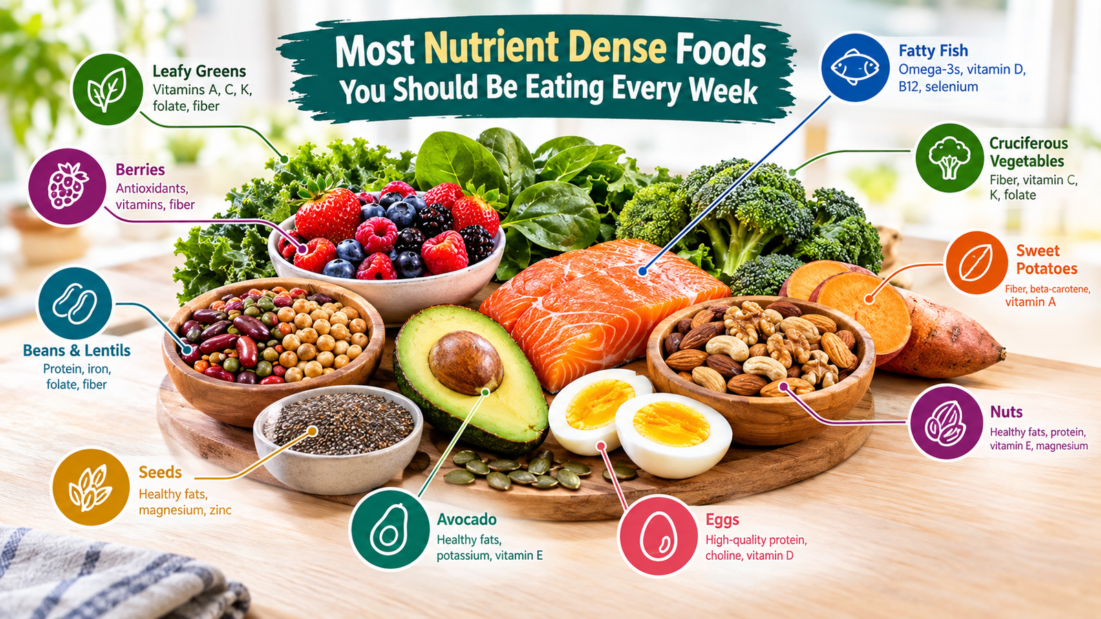 infographic showing the most nutrient dense foods including leafy greens berries fatty fish eggs beans and lentils seeds avocado nuts cruciferous vegetables and sweet potatoes with their key nutrients