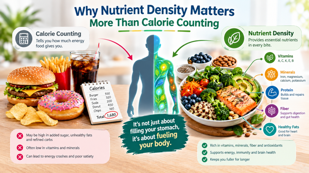 infographic comparing calorie counting versus nutrient density showing a burger fries soda and donut on one side and a nutrient dense bowl with salmon quinoa broccoli avocado and berries on the other side