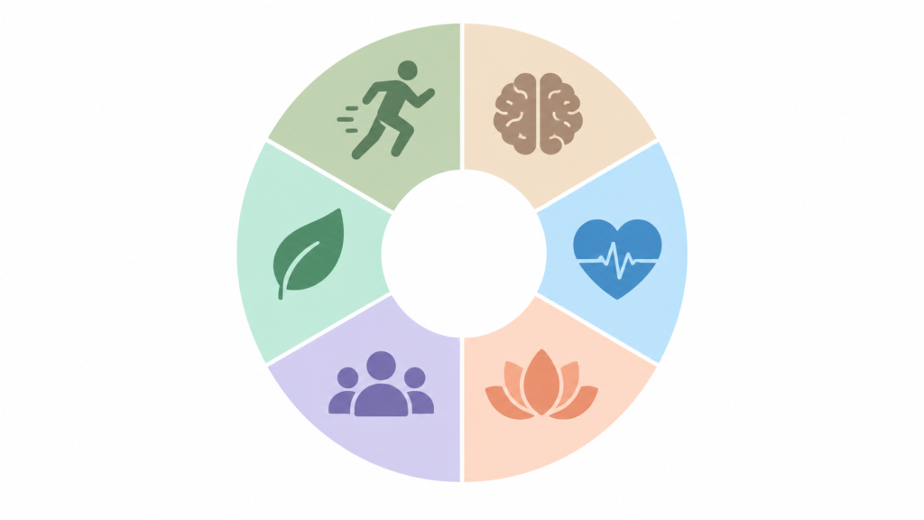 6 dimensions of wellness including physical, mental, emotional, spiritual, social and environmental wellness