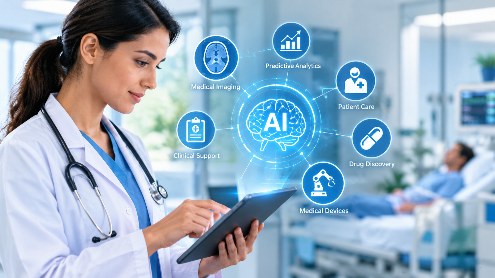 AI in healthcare showing a doctor using artificial intelligence for medical imaging, patient care, and clinical support