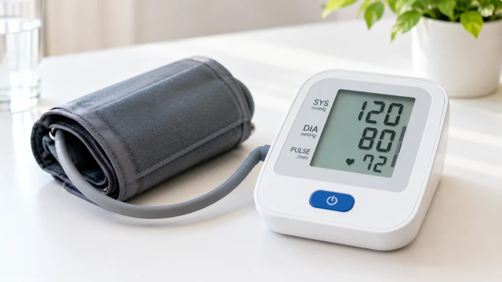 Digital BP monitor showing a normal blood pressure reading of 120 over 80