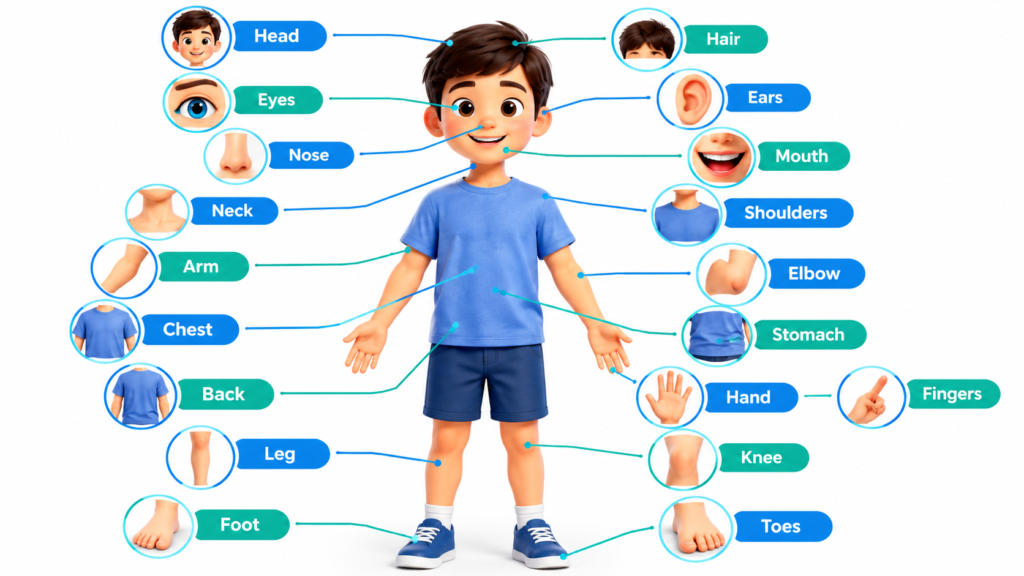 Colorful labeled human body diagram for kids and English learners showing common body parts