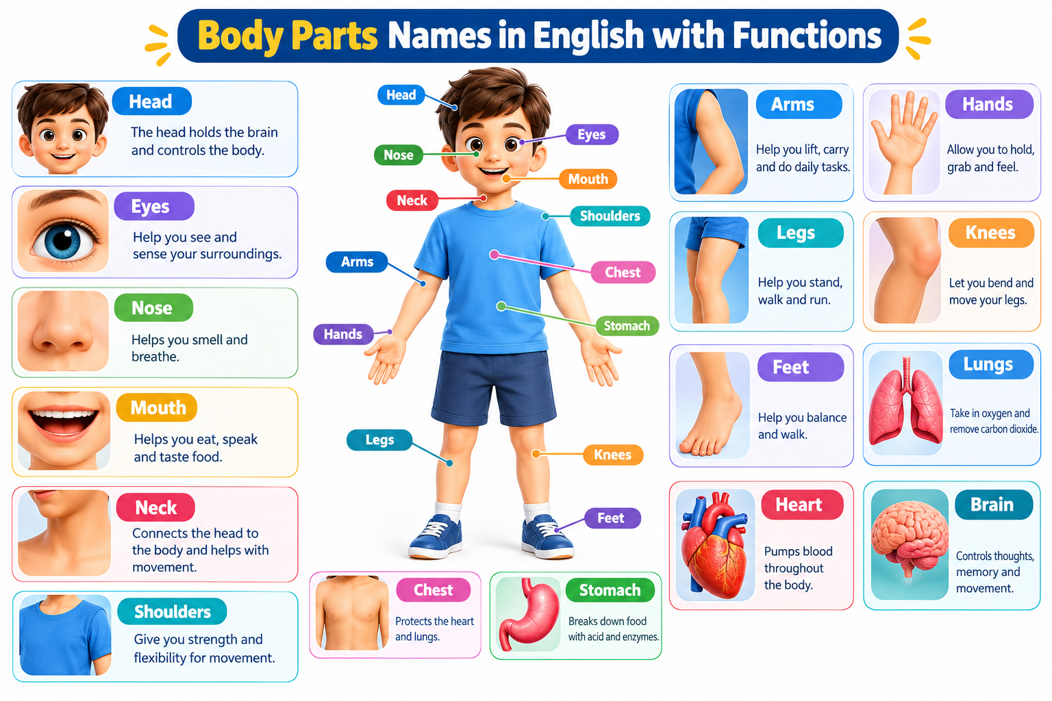 Colorful labeled body parts chart for kids showing body part names in English with pictures and their functions