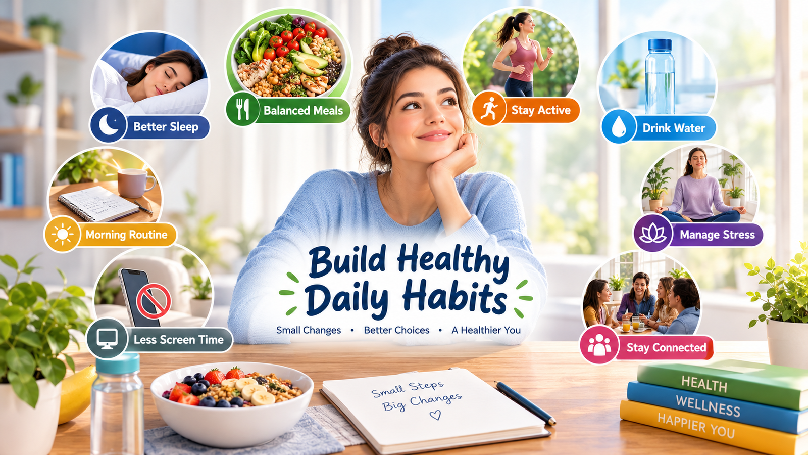 Woman surrounded by icons of healthy daily habits including better sleep and balanced meals and staying active and drinking water
