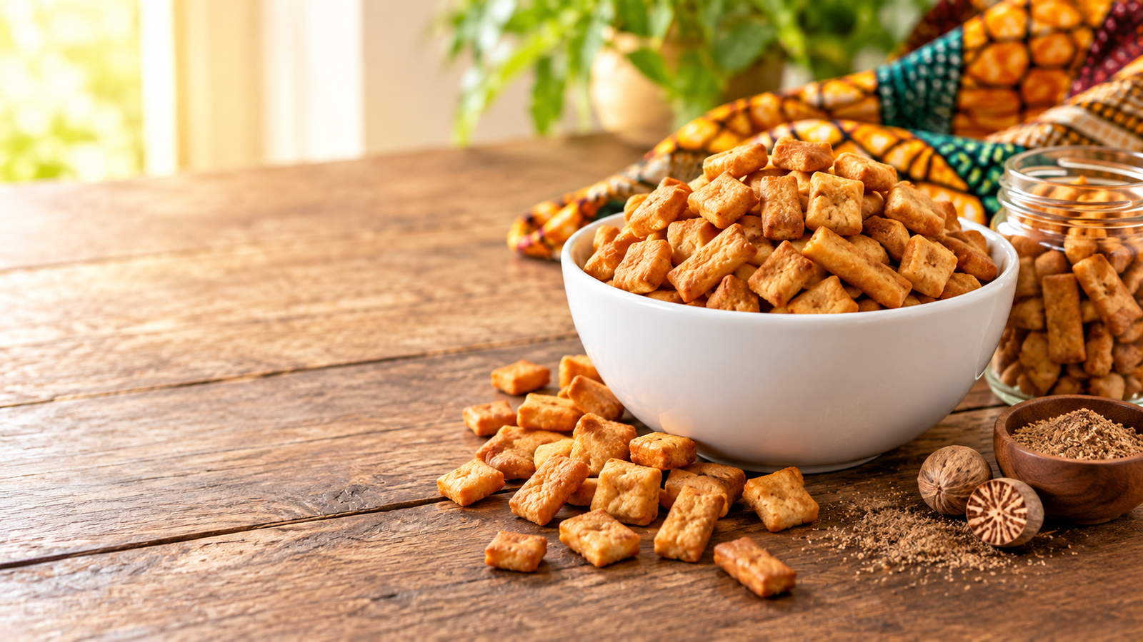 Bowl of golden crunchy chin chin snack pieces on a wooden table with a jar of chin chin and whole nutmeg