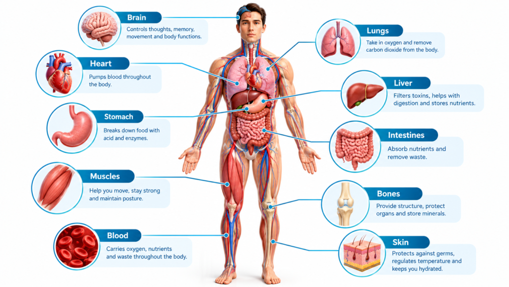 Labeled human body diagram showing common body parts from the front and back views