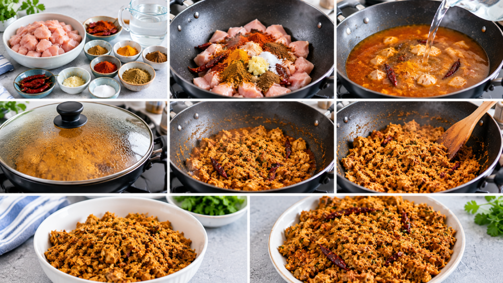Chicken simmered with red chilies, cumin, coriander, turmeric, and spices for shami kababs