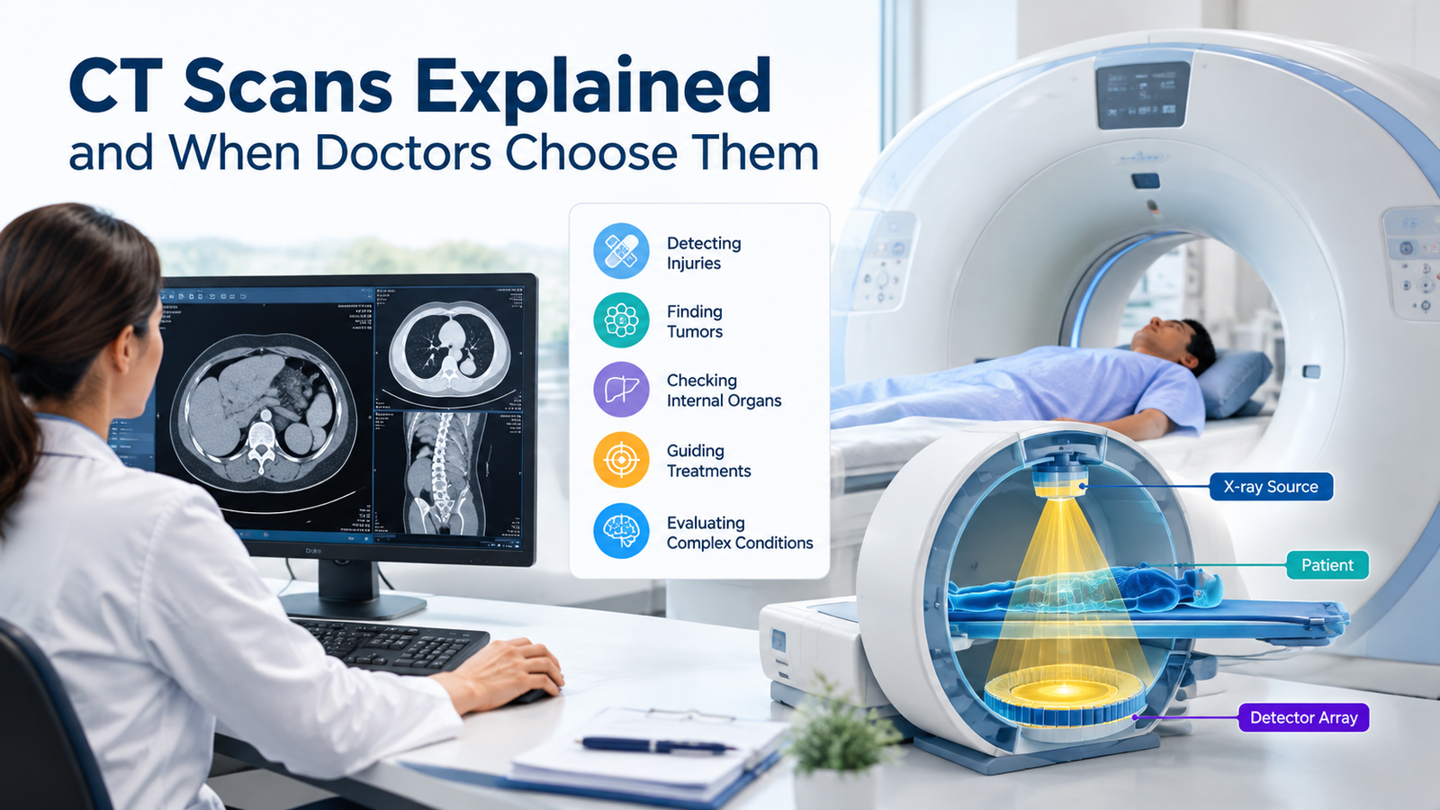 CT scans explained infographic showing a radiologist reviewing scan images and a patient inside a CT scanner