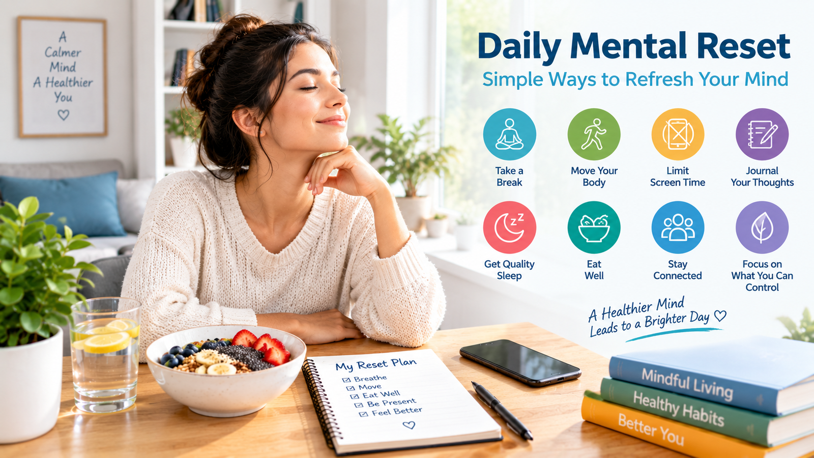 Daily mental reset routine with mindfulness, movement, healthy food, quality sleep, and screen time balance