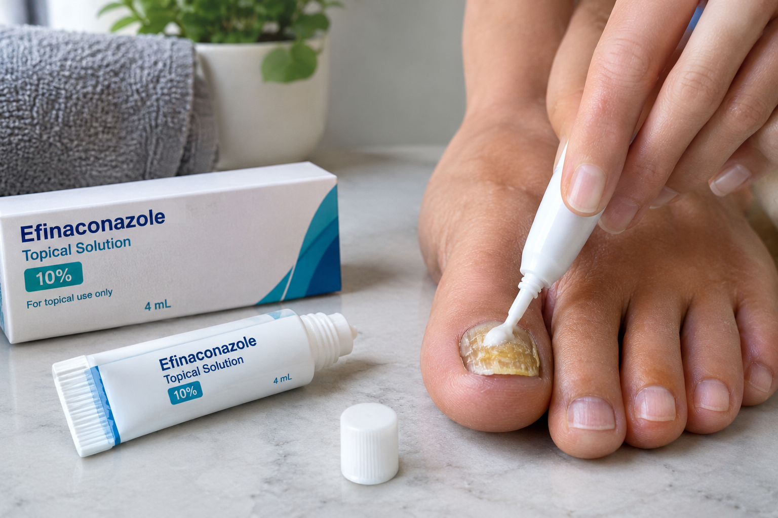 Efinaconazole topical solution being applied to a discolored toenail affected by fungal infection