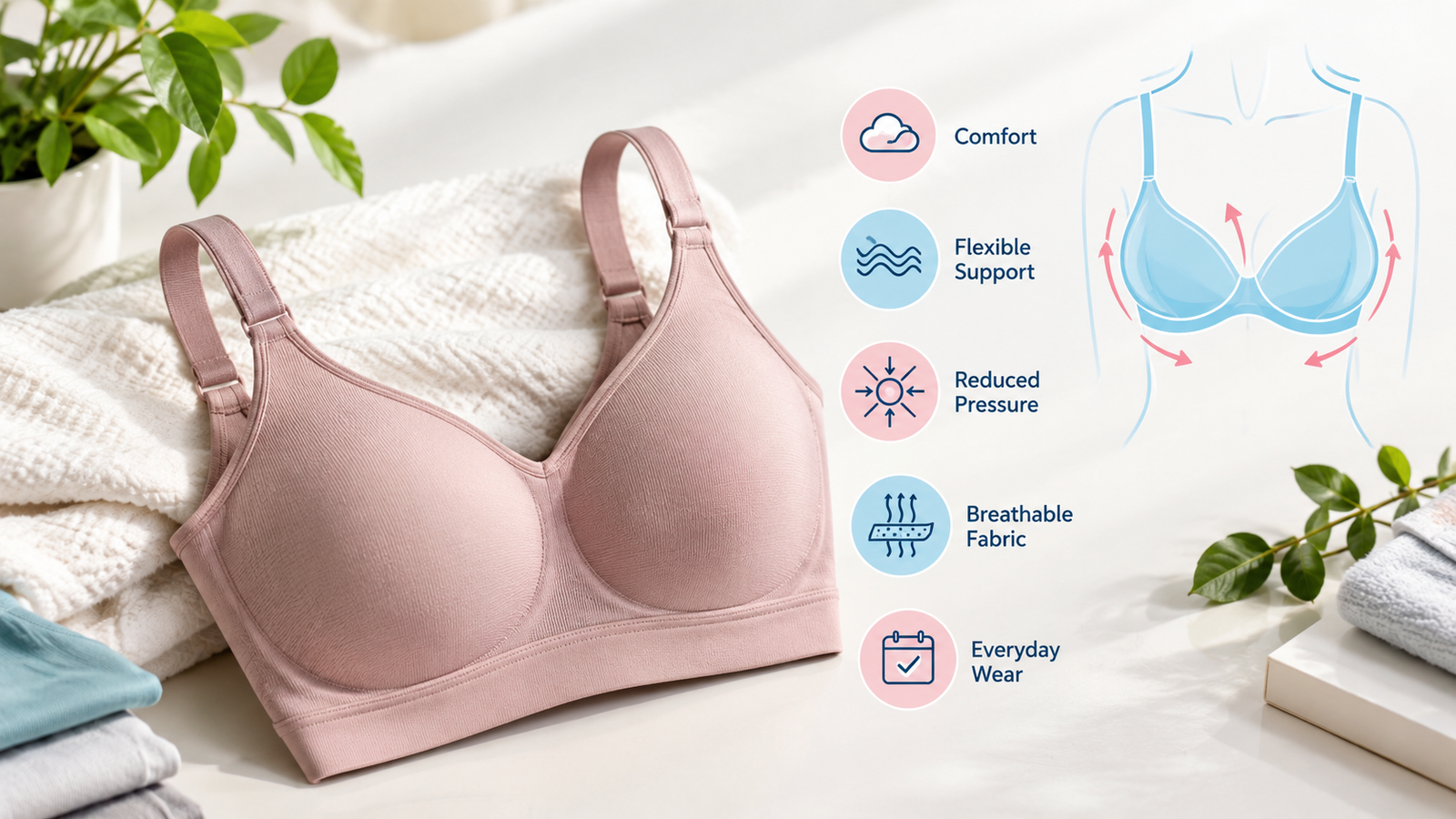 Health benefits of wireless bras showing comfort, flexible support, reduced pressure, breathable fabric, and everyday wear