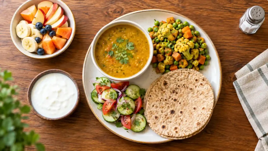 Healthy low salt meal with dal, vegetables, salad, roti and curd for blood pressure