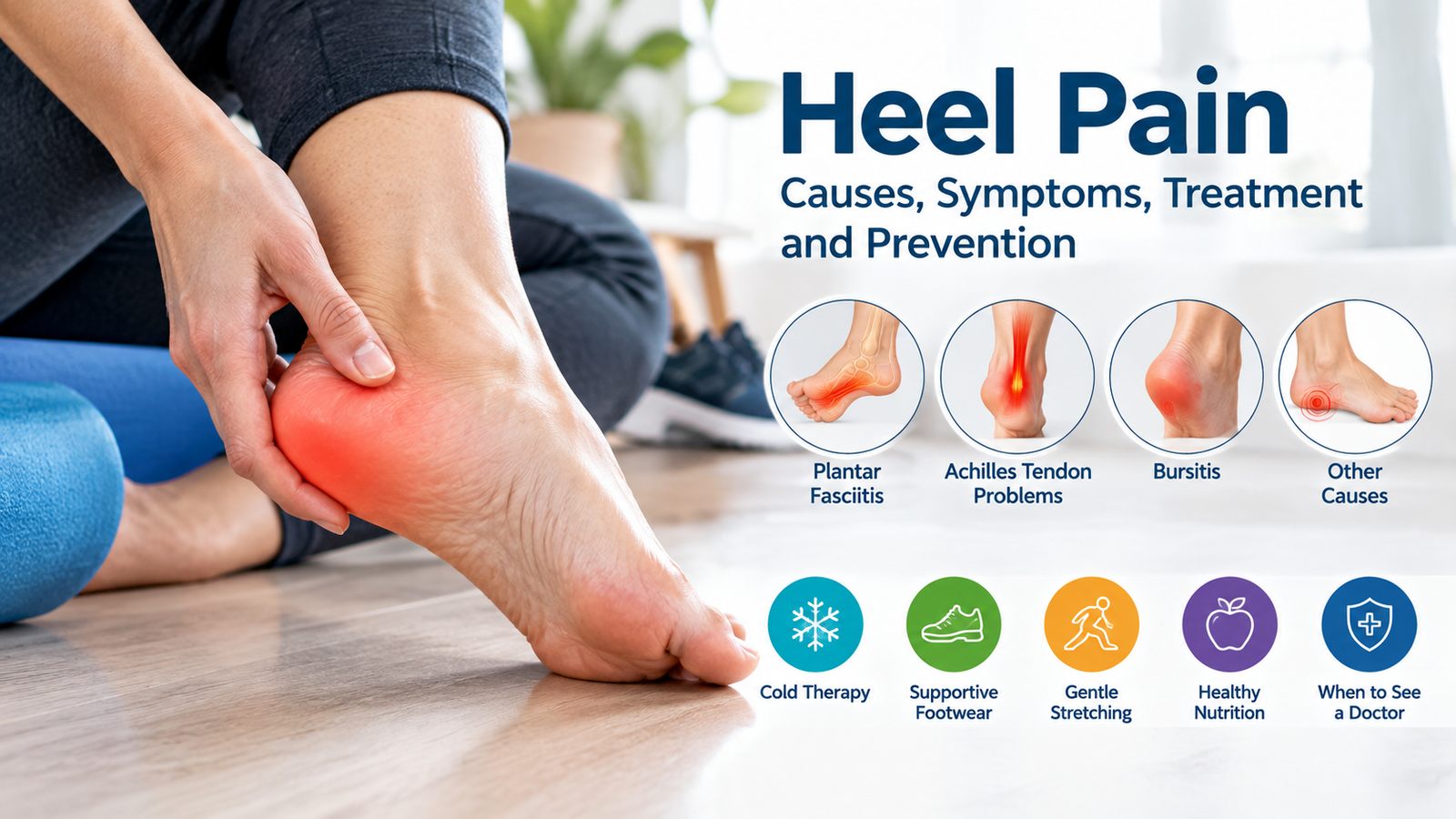 Heel pain causes, symptoms, treatment, and prevention infographic showing plantar fasciitis, Achilles tendon problems, and supportive care