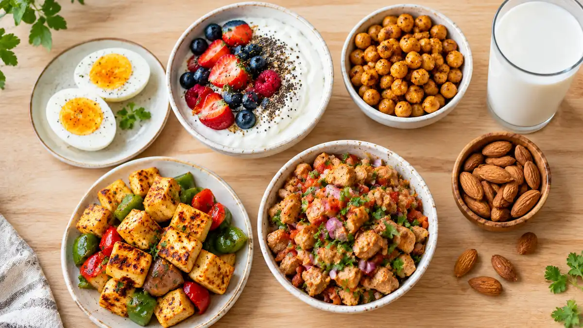 High protein snacks for weight loss including boiled eggs, Greek yogurt, roasted chana, paneer and soya chaat