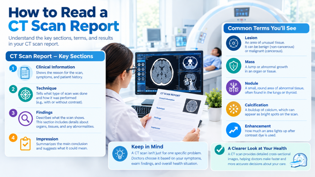 Infographic on how to read a CT scan report showing key report sections and common terms like lesion and nodule