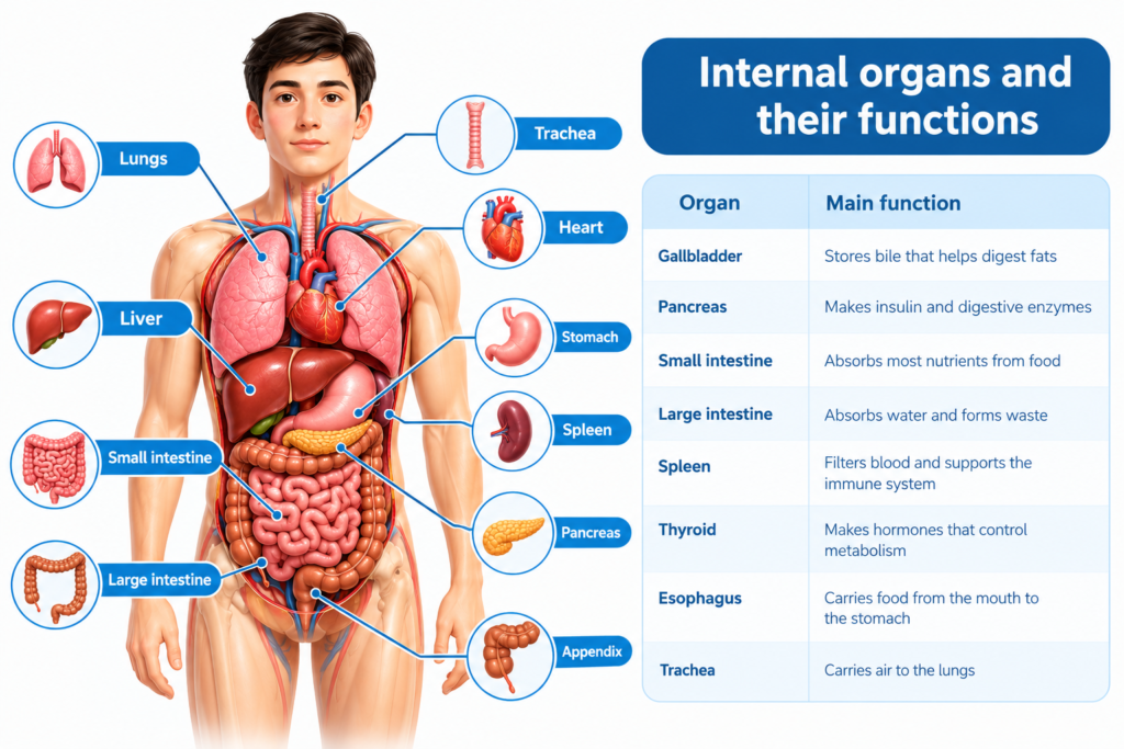Labeled human internal organs diagram with their names and functions, including the heart, lungs, liver, stomach, intestines, spleen, and pancreas