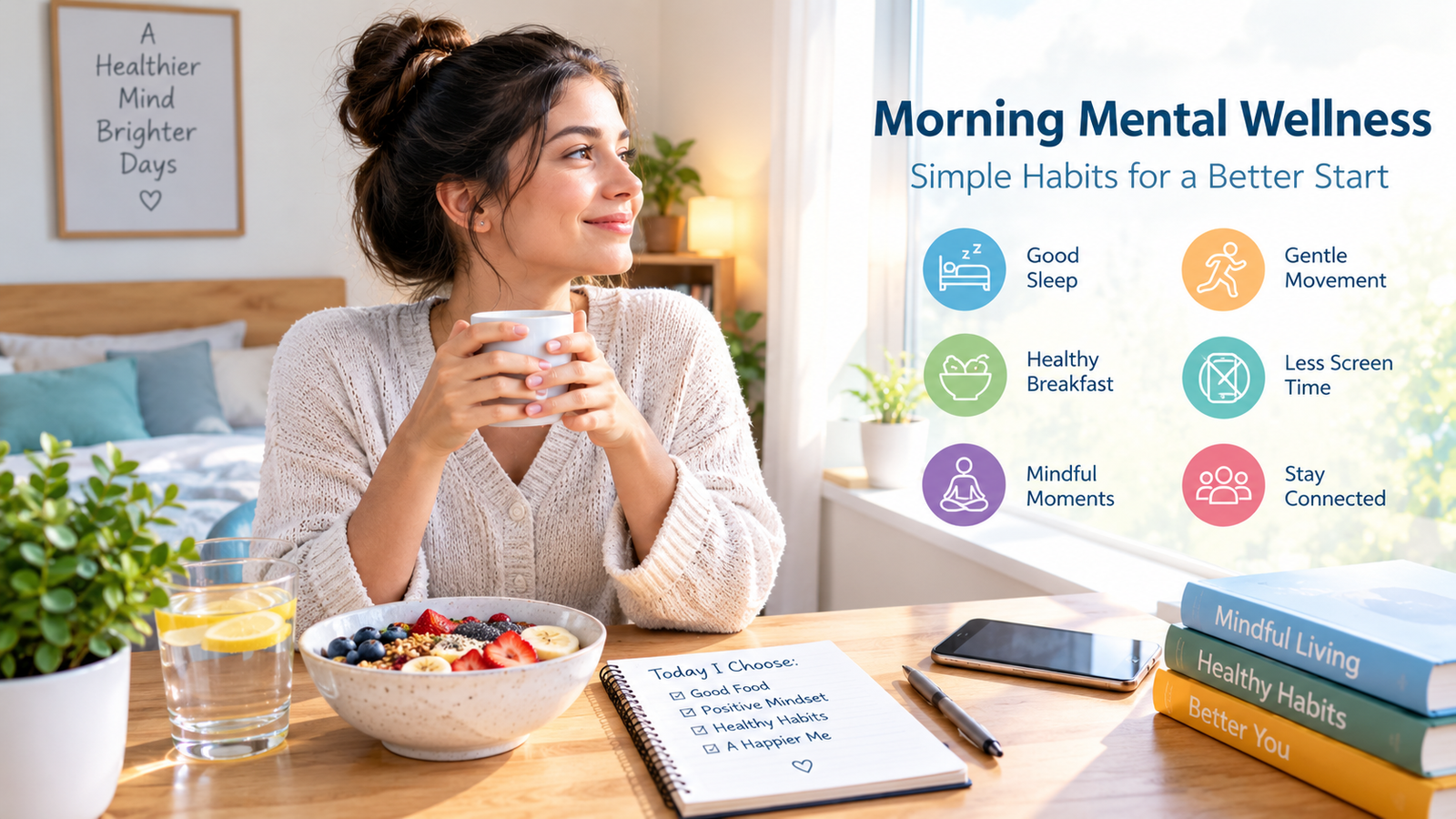 Woman enjoying a calm morning routine with healthy breakfast, tea, and mindful wellness habits