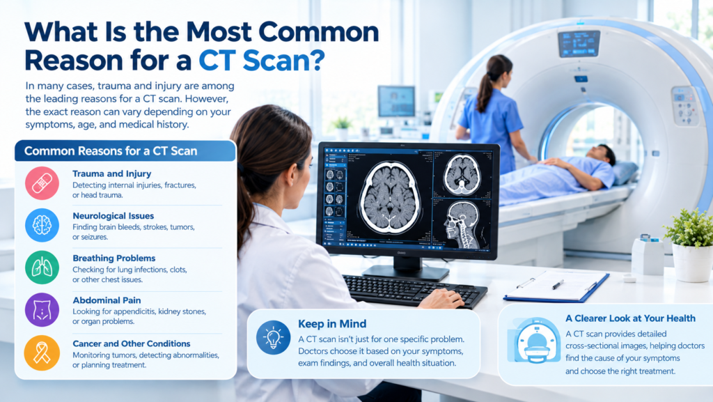 Infographic on the most common reasons for a CT scan including injuries and brain and lung problems with a patient in a scanner